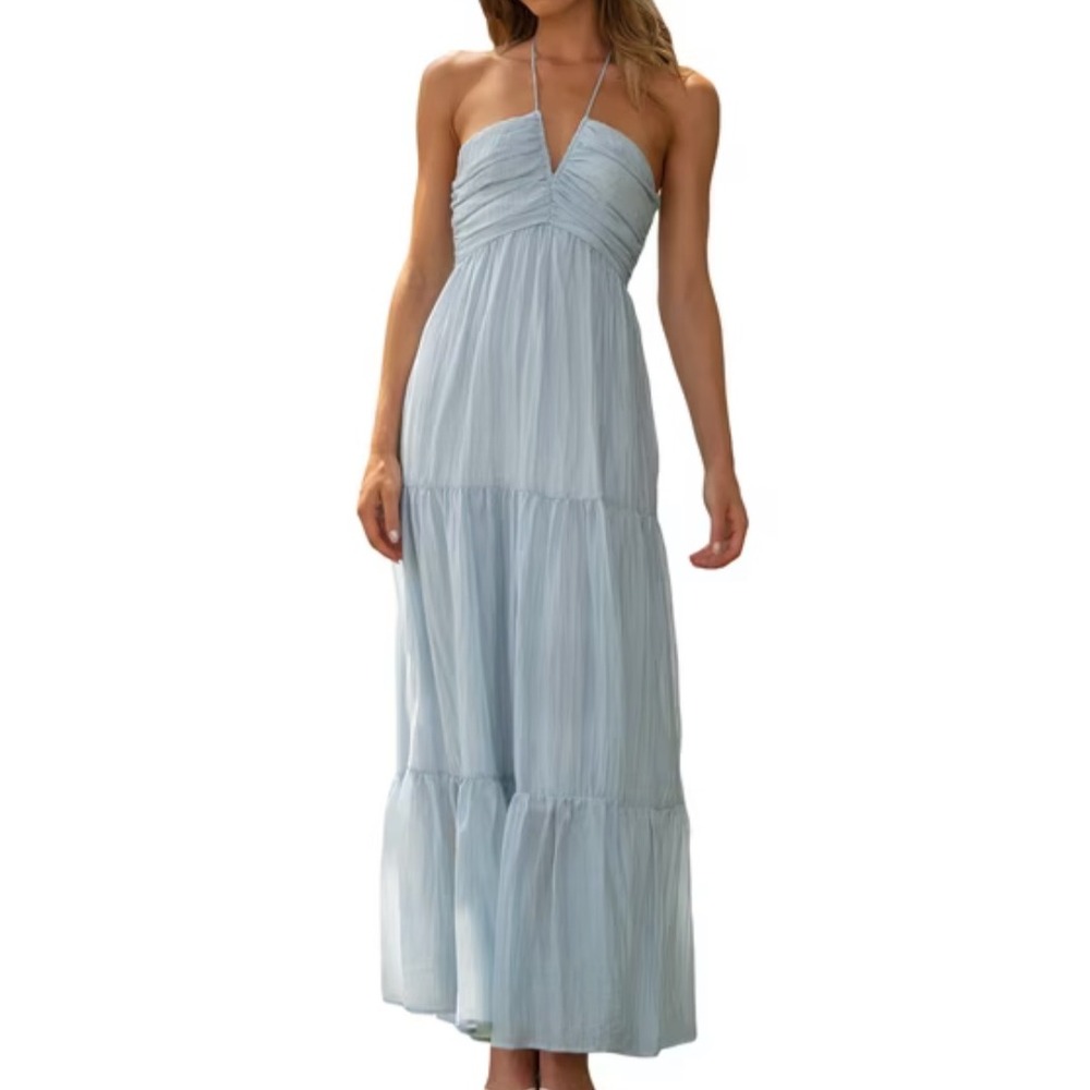 SELFIE LESLIE Asiah Halter Dress in Ice Blue V-WIRE BUST Tie Back Tiered SIZE M